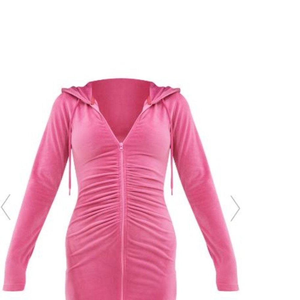 PRETTYLITTLETHING HOT PINK VELOUR ZIP THROUGH HOODED BODYCON DRESS - Picture 5 of 5